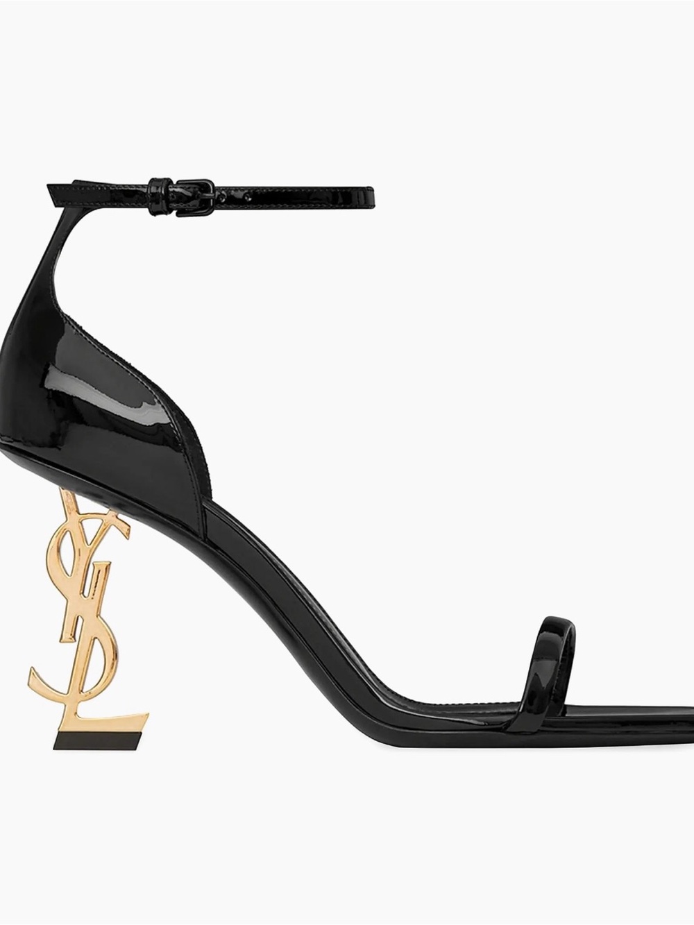 Saint Laurent Black Patent Leather Ankle-Strap Sandal with Gold YSL Heel